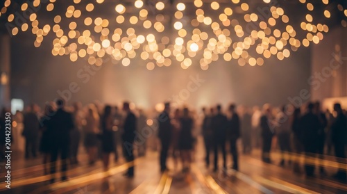 blurred crowd of people at an event with bokeh lights above atmospheric and indistinct high quality professional detailed modern elegant stylish clean crisp vibrant