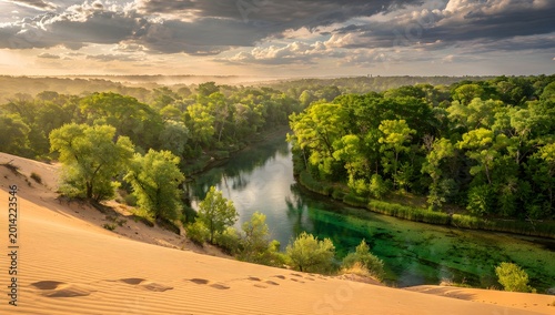 Scenic River Flowing Through Green Forest Landscape with Sand Dune