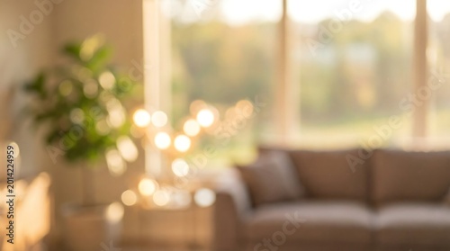 blurred living room interior with sofa and plant soft focus background with warm light high quality professional detailed modern elegant stylish clean crisp vibrant