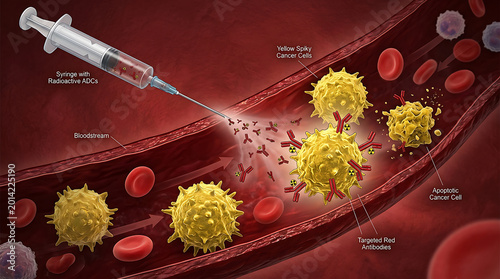 Foto Radioactive antibody treatment for cancer cells in the bloodstream