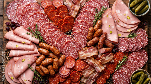 Fotografi Artisanal charcuterie board with assorted cured meats sausages and pickled gherk