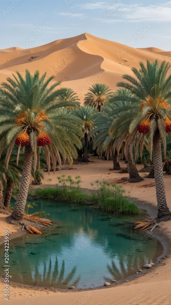 Fototapeta premium Oasis in the Sahara Desert with date palms, turquoise water, and sand dunes