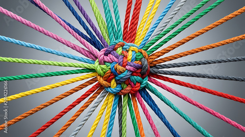 Foto Colorful ropes intertwined in a tight knot unity connection and collaboration co