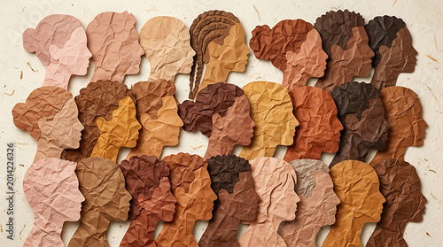 Diverse human faces made of crumpled paper in various skin tones