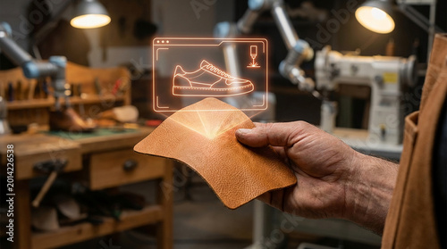 Crafting the Future of Footwear A Shoemaker's Hands Interact with a Holographic Design of a Sneaker, Blending Tradition and Technology