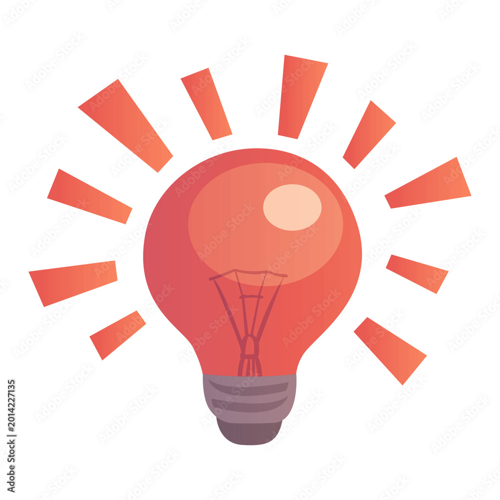 Fototapeta premium Light bulb glowing with orange rays on white background