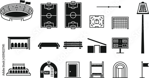 Stadium and sports venue icons set black and white vector graphics