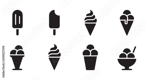 Schilderij op canvas Set of black ice cream icons isolated on white background with different flavors and forms for summer design
