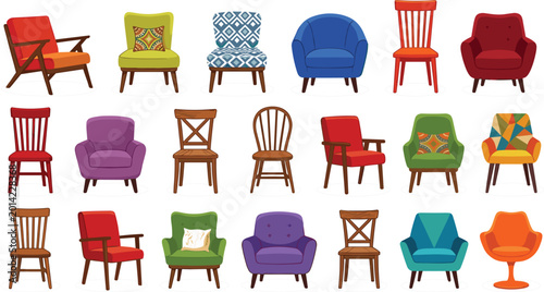 Schilderij op canvas Large set of colorful modern and vintage chair and armchair vector illustrations featuring various styles patterns and wooden designs for interior home decor