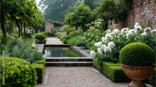 real photography of a high-end country estate garden in the Netherlands, formal layout with clipped boxwood hedges and yew topiary, gravel pathways leading to a central reflective