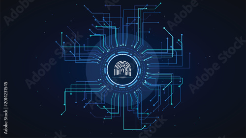 Digital fingerprint icon with circuit board lines on dark blue background, biometric security and cyber technology concept