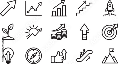 Black line icons of business growth and success