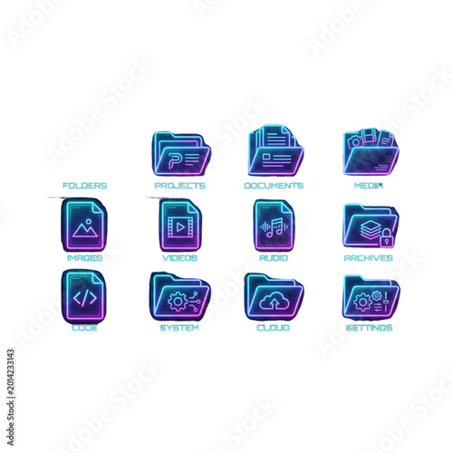 Glowing neon computer folder icons for digital file management systems