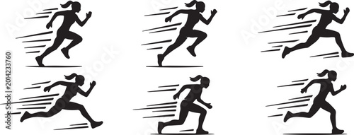 Black silhouettes of woman running in different poses