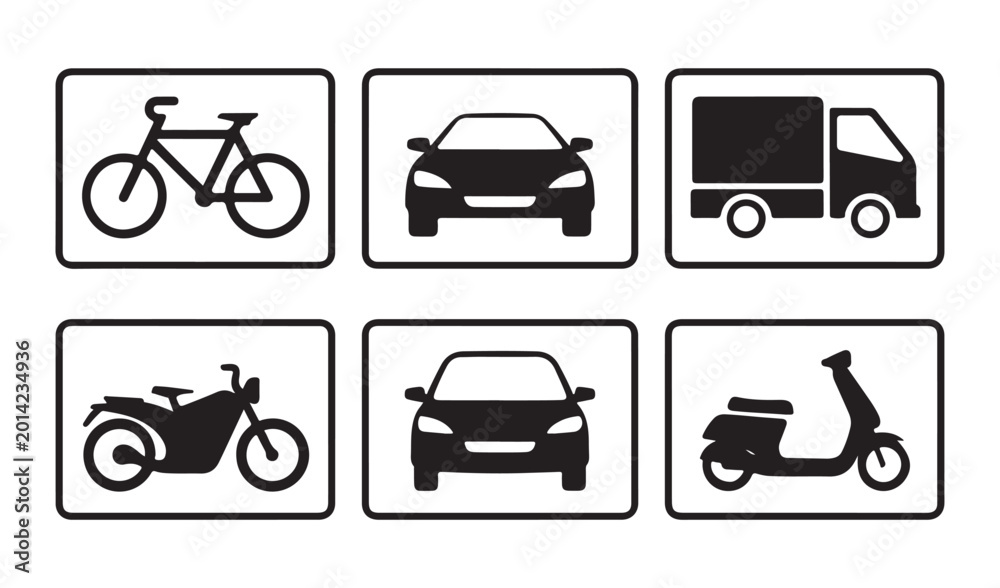 Fototapeta premium Group of vehicle icons for transport including car, truck, motorcycle, scooter, bicycle.