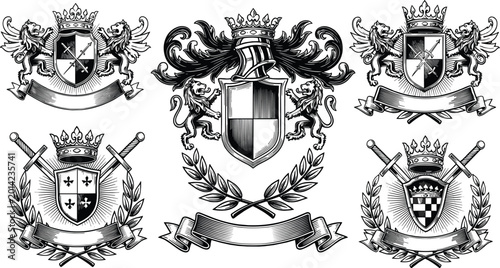 Canvas Print Luxury griffin heraldic crest set with knight helmets and crossed swords in vint