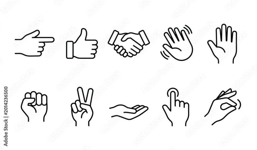Fototapeta premium Outline hands icon set illustrating human gestures and finger signs in modern linear vector style