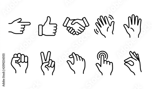 Konstfotografi Outline hands icon set illustrating human gestures and finger signs in modern li