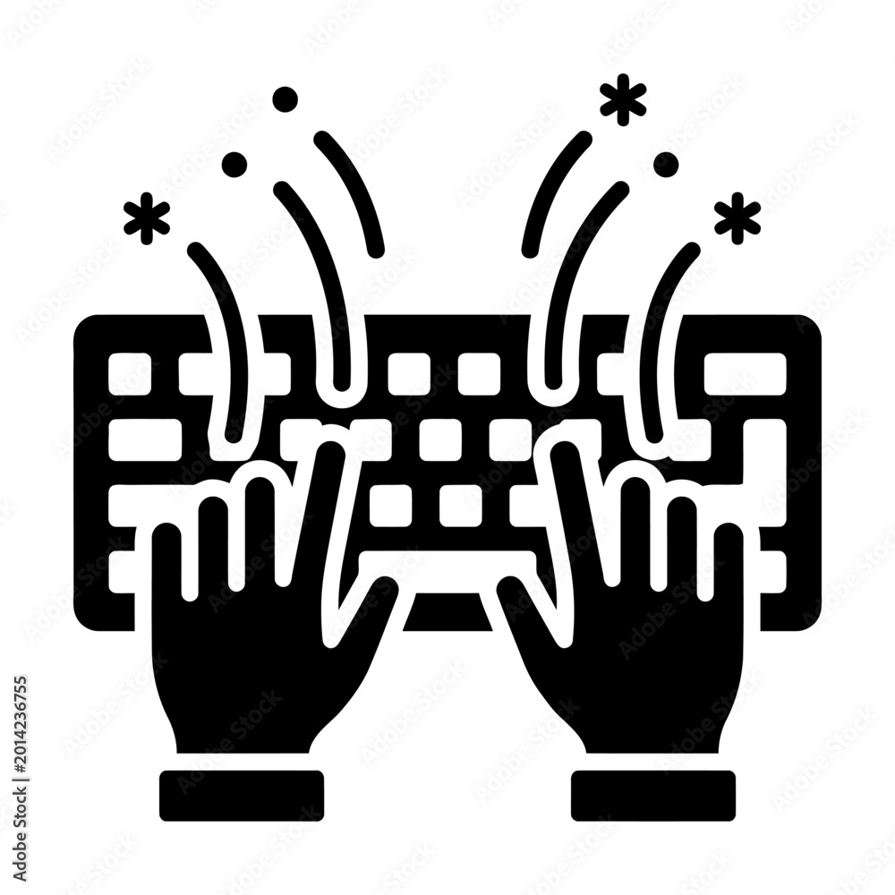 Obraz premium Hands typing on a computer keyboard vector icon. Representing fast data entry, software development, and high productivity