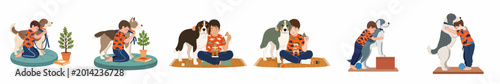 Foto Set of vector illustrations showing a young boy bonding, playing, and hugging his large pet dogs in various indoor settings