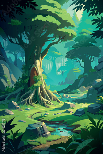 Magical Enchanted Forest with Ancient Giant Tree, Stream, and Sun Rays in Stylized Digital Art Style