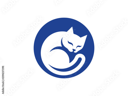 Curled up sleeping cat vector icon in a blue circular background