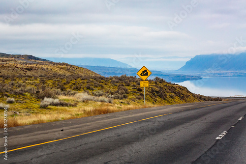 Steep grade truck sign above the Columbia River in Vantage, Interstate 90