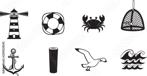 A black and white graphic illustration features a collection of nautical icons arranged in a grid.