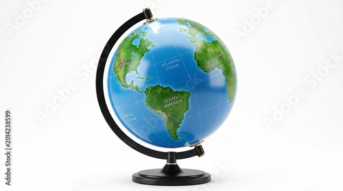 A detailed globe model with labeled continents on a sturdy black stand