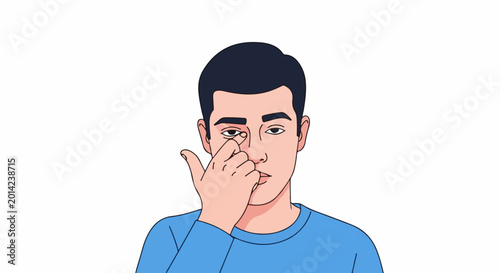 Bild auf Leinwand Person's hand gently touching their eye area with fingers against white backgrou