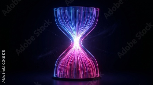 Glowing hourglass with colorful neon light trails in dark background