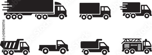 A set of truck icons are displayed on a white background. The icons show different types of trucks, including a semi-trailer truck, a dump truck, and a flatbed truck.