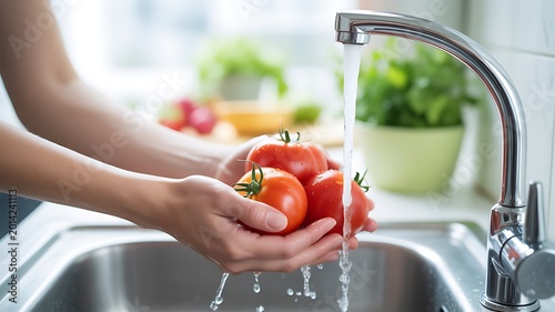 Washing vibrant red tomatoes in a kitchen sink under fresh running water