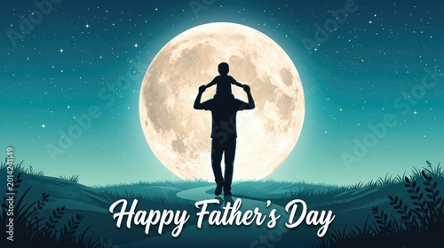Father's day 2026 silhouette of father and son under full moon vector illustration