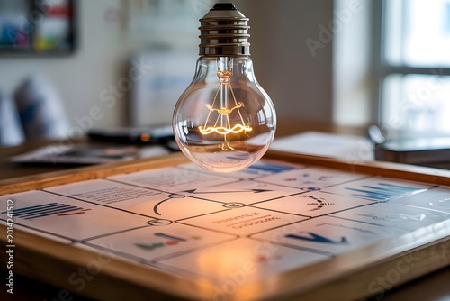 A glowing vintage clear light bulb illuminating business charts and diagrams board
