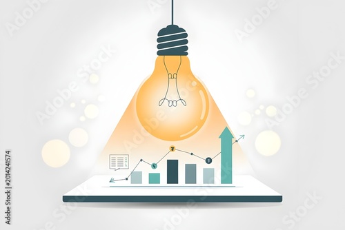 A glowing light bulb illuminates an upward trending bar chart and line graph business data