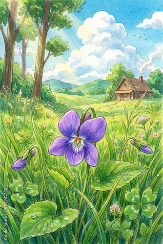 A vibrant purple flower stands prominently in a lush green meadow. In the background, a cozy cabin sits under a bright sky with fluffy clouds.