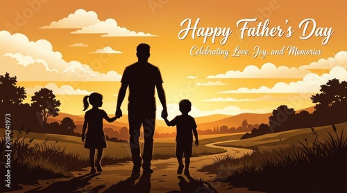 Father's day 2026 silhouette of father walking with children at sunset family celebration
