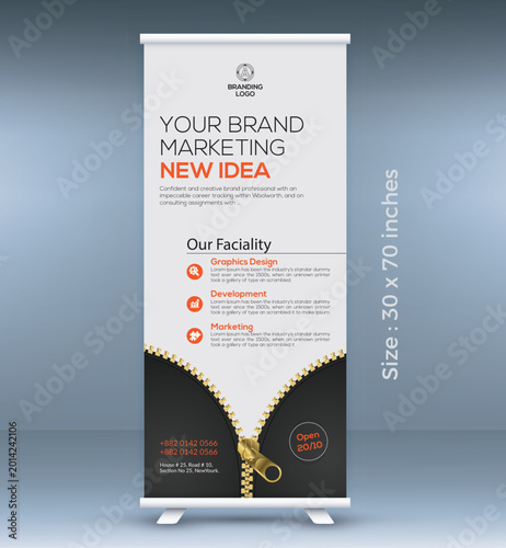 Modern roll up banner template with zipper concept, professional business marketing standee, corporate pull up banner design in 30x70 inches