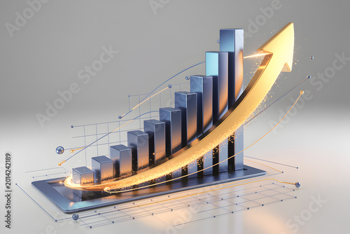 A 3D bar chart with an upward golden arrow illustrating business market growth