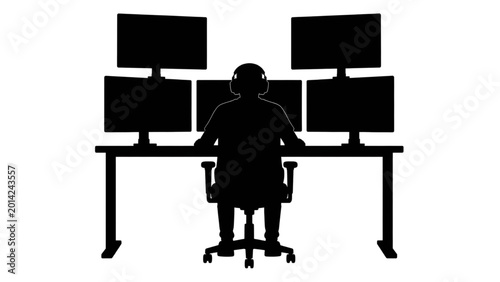 Silhouette of a person sitting at a desk with multiple computer monitors