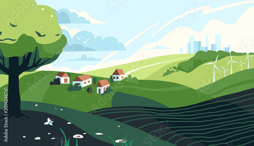Fotografie Nature landscape with village, green hills, ploughed fields, wind turbines vector illustration