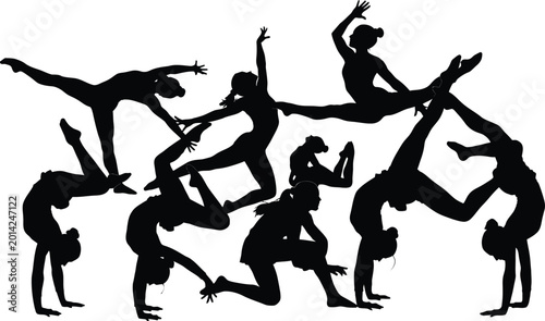 Schilderij op canvas Silhouette of a group of gymnasts performing acrobatic poses