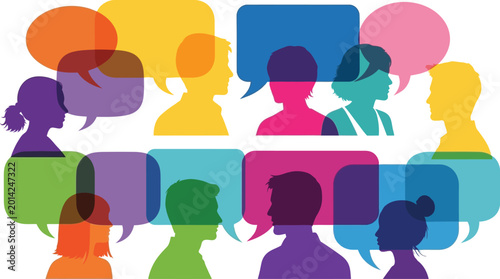 Tableau sur toile Vibrant silhouette of diverse group engaged in colorful conversation