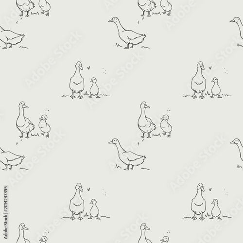  Contour duck on the grass. Square seamless pattern.