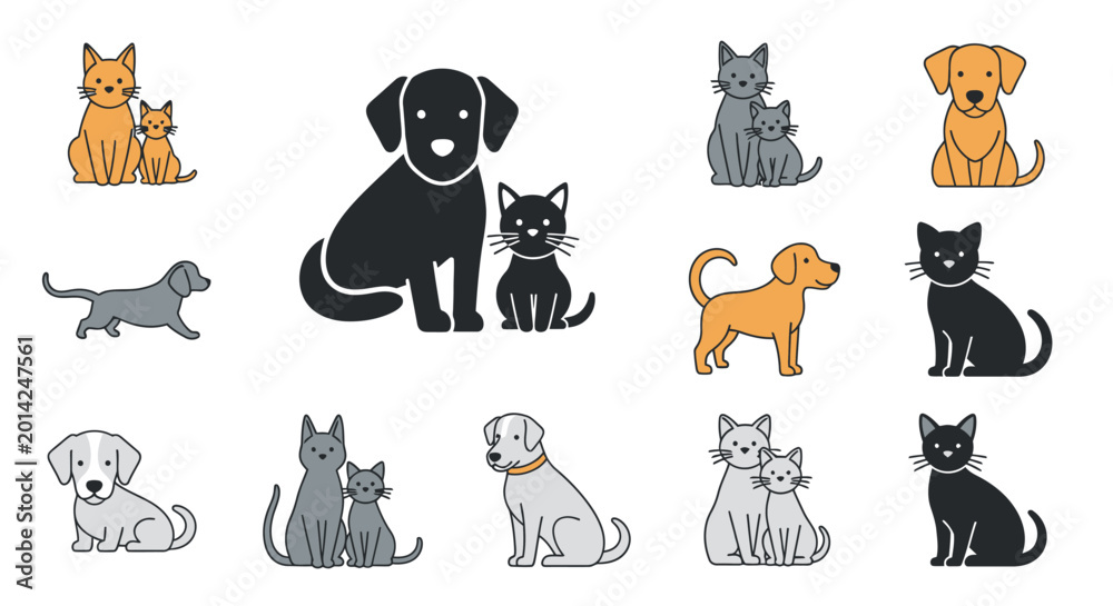 Obraz premium Cute Dog and Cat Companions: Adorable Animal Icons Set