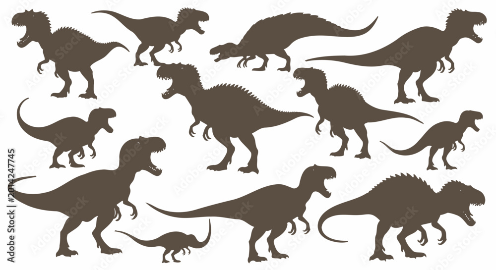 Fototapeta premium Dinosaur Silhouettes Collection: Various Prehistoric Reptiles in a Dynamic Grouping