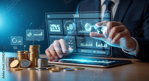 Businessman using a digital tablet for tax calculation and financial data analysis with coins on a dark office desk