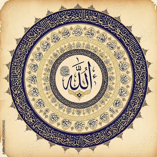 Intricate circular Islamic calligraphy with central 