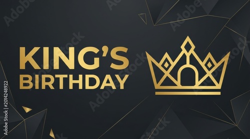 King's Birthday elegant greeting card, golden crown icon on black geometric background, luxury royal celebration banner with gold typography